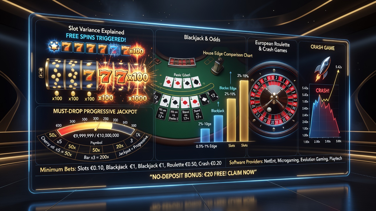 Online Casino Guide: Slot Variance, Free Spins, Jackpots, Blackjack and Roulette Odds, Crash Games, Minimum Bets, Software Providers and No-Deposit Bonuses